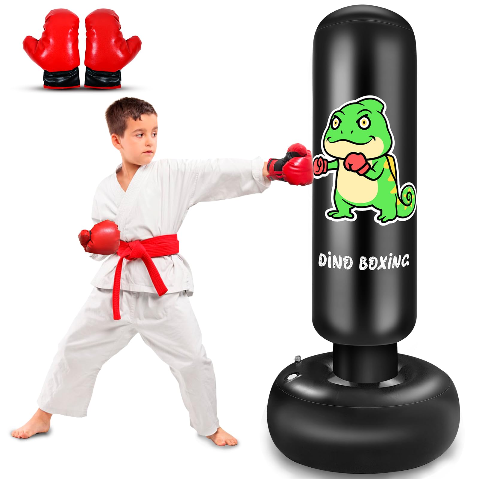 Inflatable Punching Bag for Kids, 165CM kids Punching Bag with Gloves for Boys & Girls, Kicking Bag Boxing Set for Practicing Karate, Taekwondo, MMA (Dino)