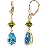 14k Yellow Gold Dangling Earrings with Peridots and Blue Topaz