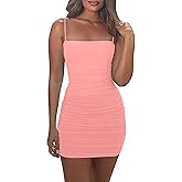 Mizoci Women's Sexy Sleeveless Ruched Spaghetti Strap Bodycon Mini Club Party Dress