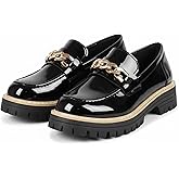 Women's Patent Leather Platform Loafers Fashion Chain-Strap Round Toe Chunky Heel Slip-On Lug Sole Casual Dressy Office Business Shoes Suitable for Work Parties