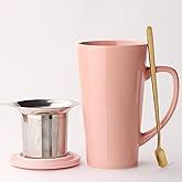 MIWARE 15 Ounce Porcelain Tea Mug with Infuser, Lid and Spoon, Loose Leaf Tea Cup (Pink)