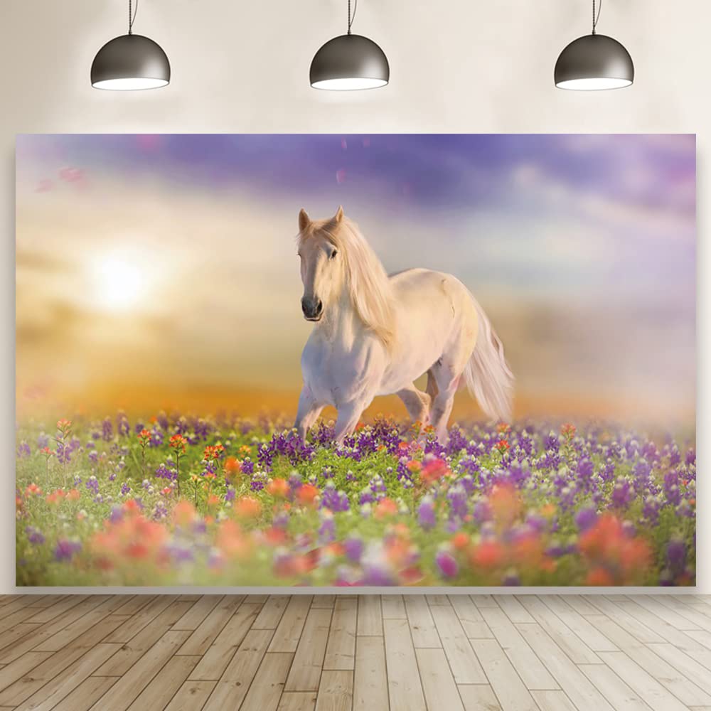Renaiss 7x5ft White Horse Fantasy Background Garden Colored Flowers West Cowgirl Photography Backdrop Theme Party Banner Kid Adult Portrait Baby Shower Vinyl Studio Props