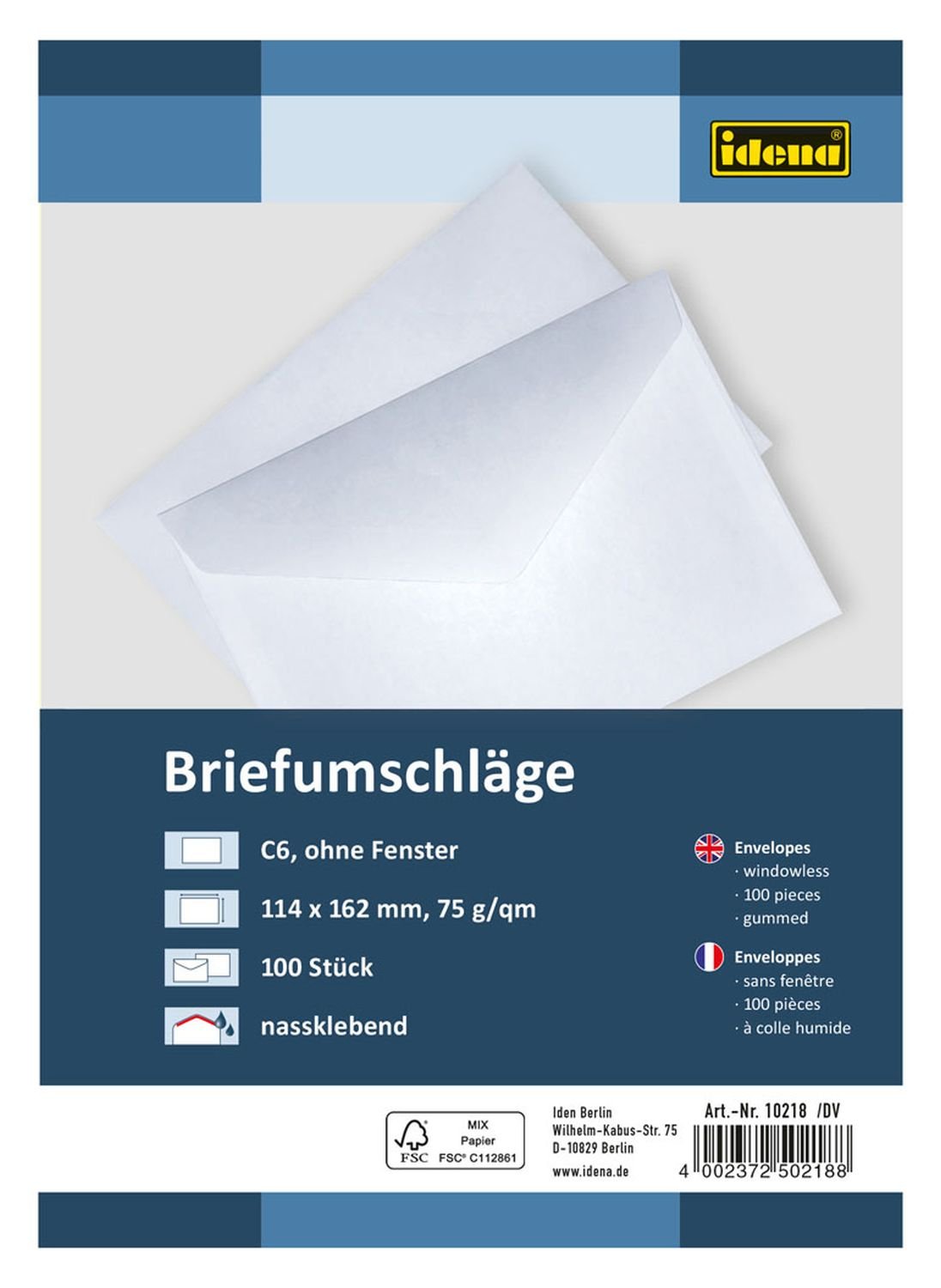 Idena 10218 – BU C6 NK, Without Window, 75 g/m², Pack of 100, White