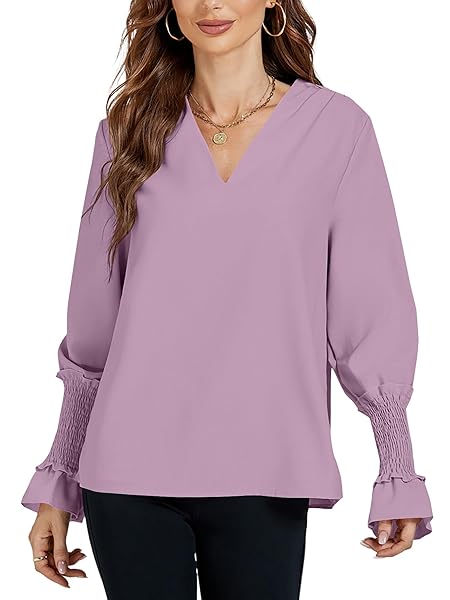 LYANER WOMEN’S V NECK SHIRRED BELL LONG SLEEVE BLOUSE CASUAL TUNIC TOP LILAC LARGE