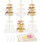 13 Pcs Dessert Display Set, 6 3-Tier Cupcake Stands, 4 Trays &amp; 3 Tongs | 18 Stand Tiers with Elegant Gold Rims &amp; Metal Rods for Weddings, Large Parties, Dessert Buffets, Event Tables &amp; Catering