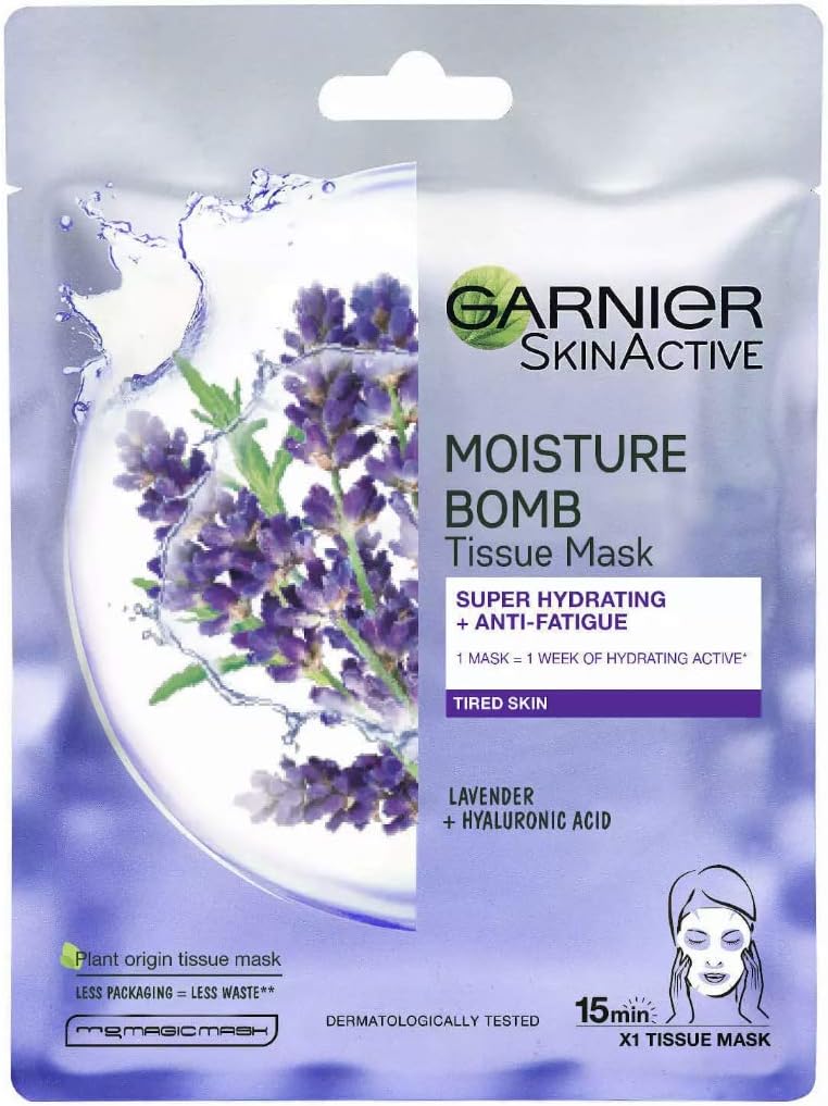 Garnier Moisture Bomb Lavender and Hyaluronic Acid Sheet Mask, Hydrating & Relaxing Face Mask