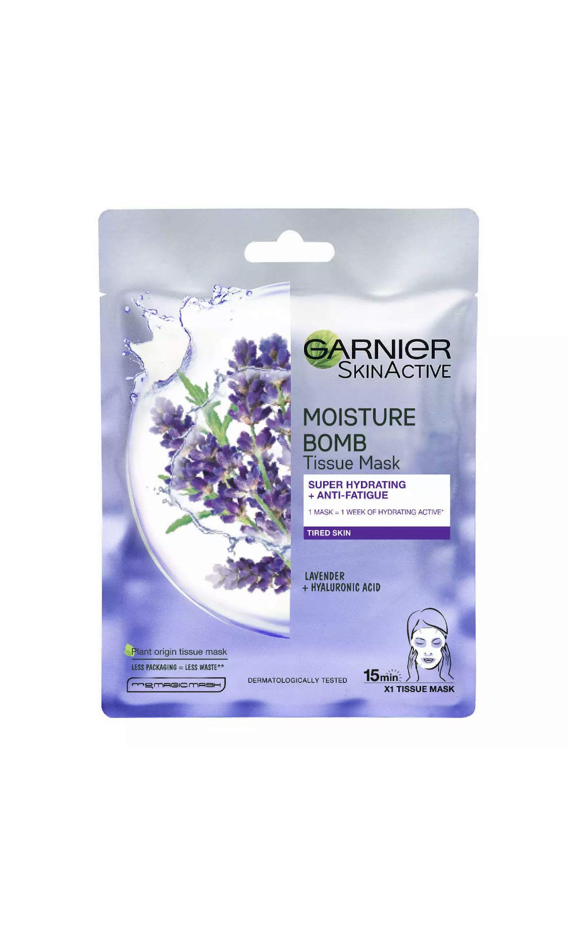 Garnier Moisture Bomb Lavender and Hyaluronic Acid Sheet Mask, Hydrating & Relaxing Face Mask, With Lavender Essential Oil To Help Revive Fatigued Skin, Vegan Tissue Mask, 28g