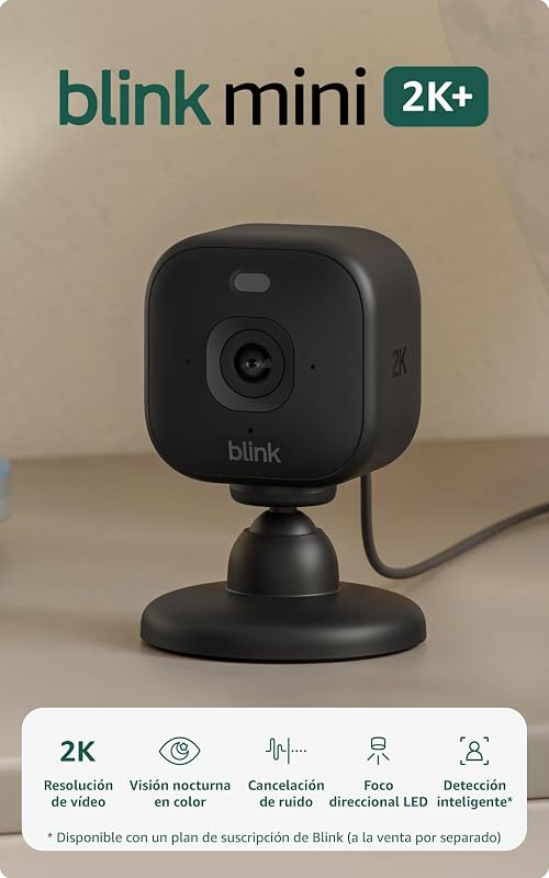 Cámara Mini 2K+ Blink (última generación) | Cámara de seguridad doméstica con enchufe, resolución de vídeo 2K, zoom de 4 aumentos, visión nocturna en color | Compatible con Alexa | 2 cámaras - Negro