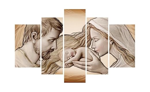 title=Quadro Sacro Capezzale su 5 pannelli in legno Sacra Famiglia Holy Kiss | L145 x