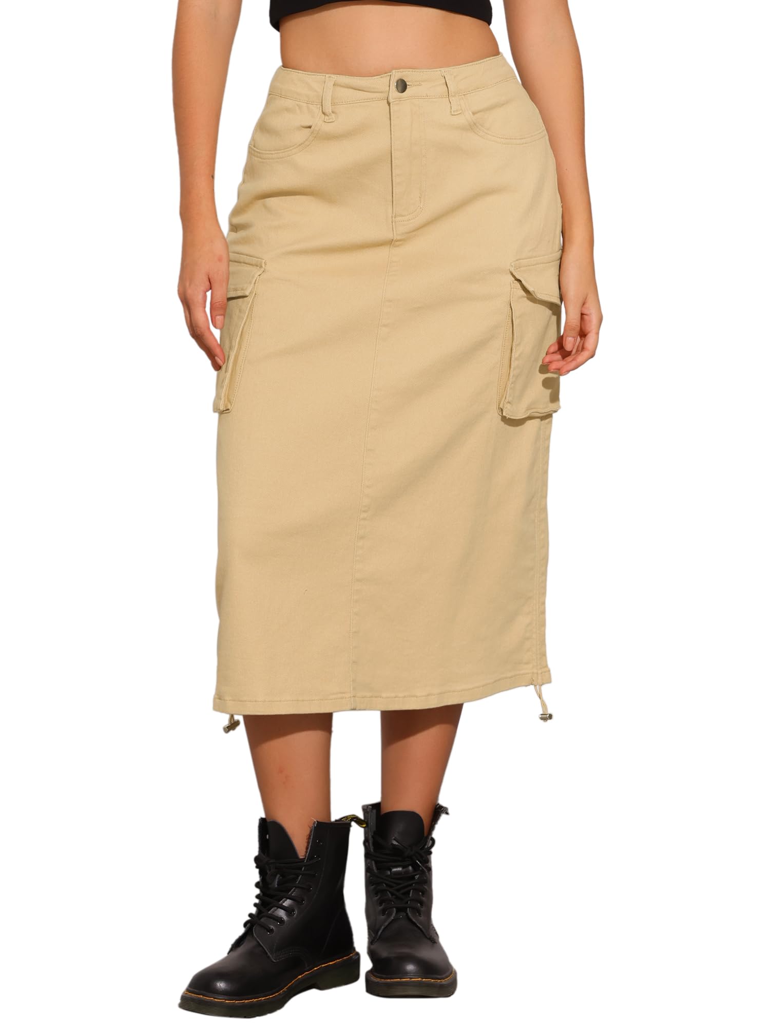 Photo 1 of Allegra K Cargo Skirt for Women Y2K Adjustable Back Slit High Waist Casual A-Line Midi Jean Skirt X-Small Light Khaki