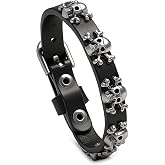 Fusamk Skull Leather Bracelet for Women, Adjustable Punk Wristband, Gothic Biker Cuff Bracelet with Crossbones, Ladies Motorcycle Rock Jewelry