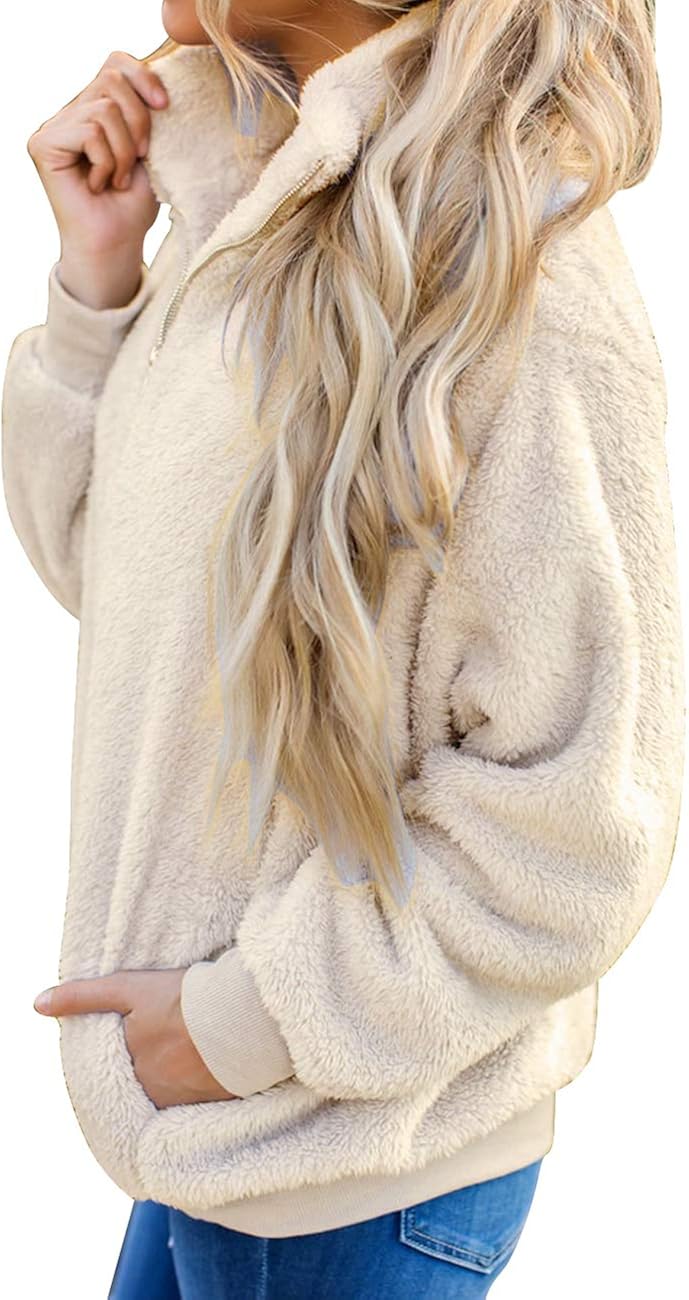 MEROKEETY Women's Long Sleeve Contrast Color Zipper Sherpa Pile Pullover Tops Fleece with Pocket at  Women’s Clothing store