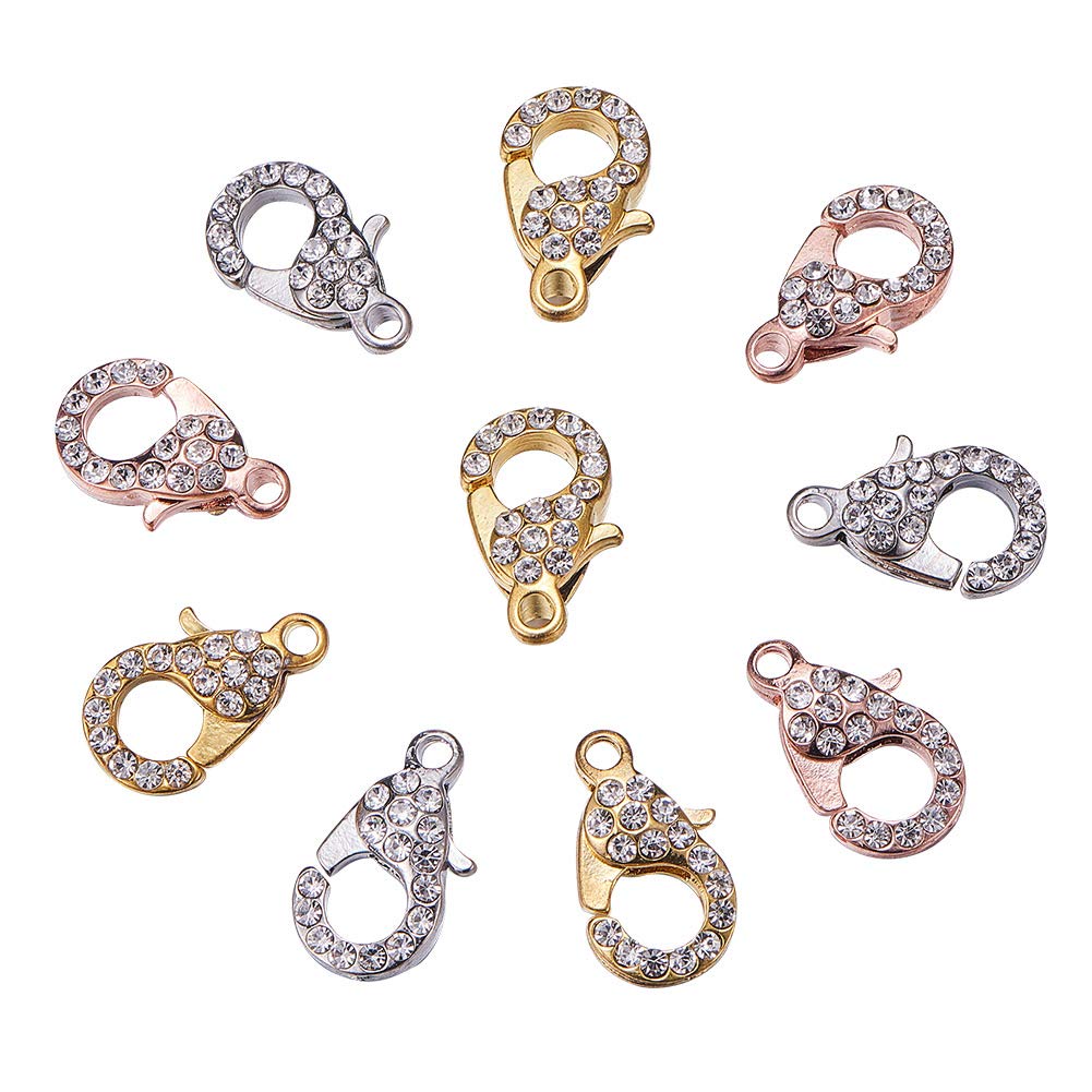 NBEADS 10 Pcs Mixed Color Alloy Glass Rhinestone Lobster Claw Clasps, Jewelry Making Supplies, 21x12.5x7mm, Hole: 2.5mm