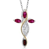 Cross Necklace For Women In 925 Silver and 10K Yellow Gold with White Moissanite and Red Created Ruby and Garnet | 1.58 Cttw | Jesus Christian Religious Crucifix | Marquise 8X4MM | With 18 Inch Chain
