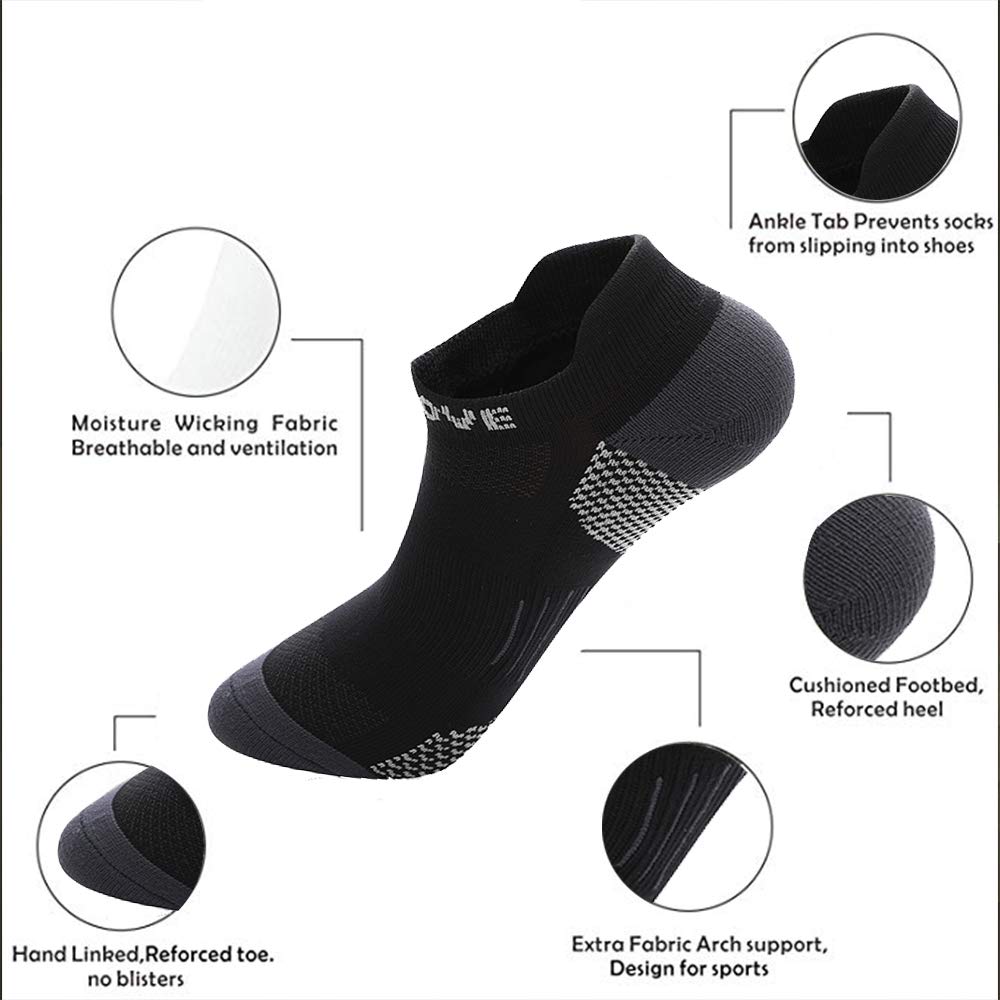 RuRu Monkey Mens No show Sport Socks, Moisture Control, Arch Support (Black and Grey 6Pair)