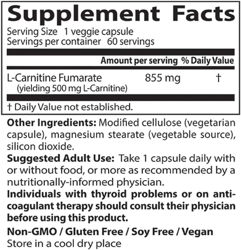 Doctor's Best L-Carnitine Fumarate, Non-GMO, Vegan, Gluten Free, Heart Health, 855 mg, 60 Count Veggie Caps: Health & Personal Care