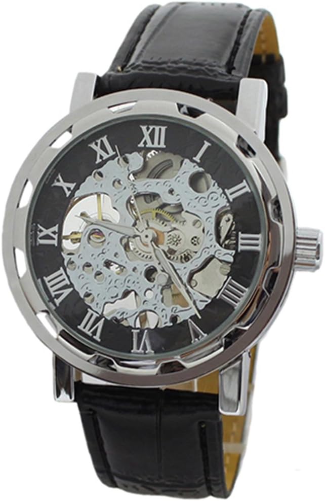 Classic Men's Black Faux Leather Skeleton Army Sports Mechanical Wrist Watch (Hollow)