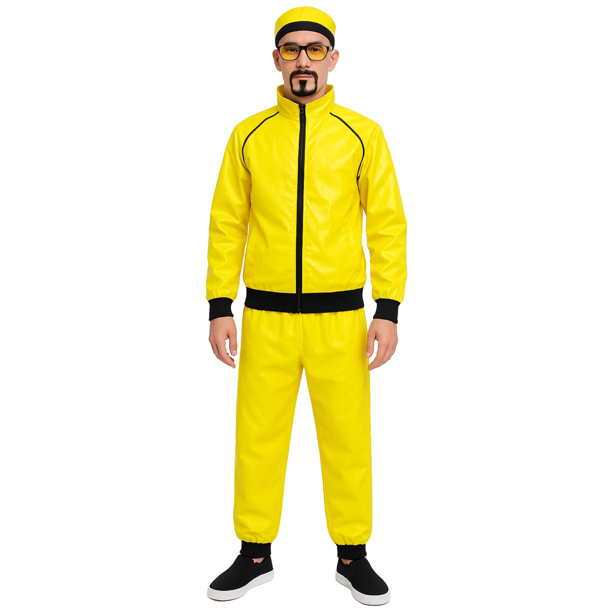 90s Funny Rapper Costume for Men – Yellow Tracksuit with Hat, Glasses, Moustache & Trousers – Urban Fancy Dress Outfit for Parties, Festivals, Comedy & Hip Hop Theme (Yellow/Black, Men's UK Medium)
