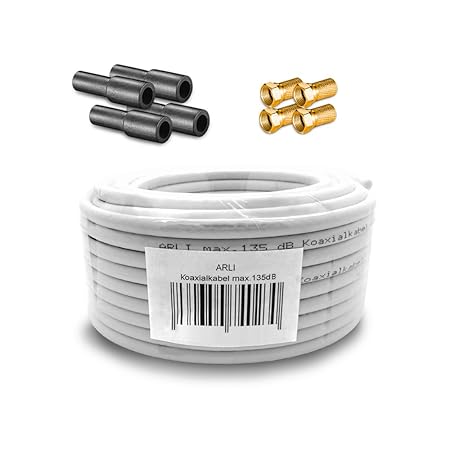 HD Sat Kabel 50 m Koaxialkabel 135 dB + 4 x F-Stecker + 4x Gummitülle Koaxial 5 fach geschirmt Satkabel TV Antennenkabel Koax