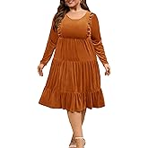 D.Q.RZhong Plus Size Velvet Dress for Women Long Sleeve A-Line Waist Tiered Flowy Cocktail Party Dresses with Pockets
