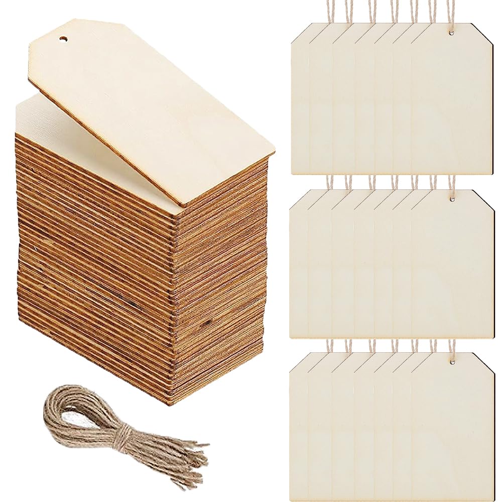 Healifty 50Pcs DIY Square Wooden Tags Hanging Wood Ornaments with 10M Linen Rope for Party Decor 40 x 80MM