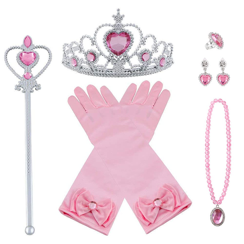 Vicloon Elsa Dress Up Accessories Set, 7 Pcs Princess Dress-up Party Accessories for Girls with Elsa Gloves, Princess Tiara, Earring, Magic Wand and Necklace(Pink)