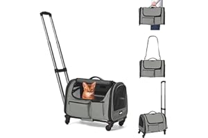 Paw Ballet Cat Carrier with Wheels, Foldable Airline Approved Dog Cat Carrier with Wheels for Cat Dog Under 20 lbs, Rolling Cat Carrier Travel Bag with Telescopic Handle for Walking Travel Vet Visits
