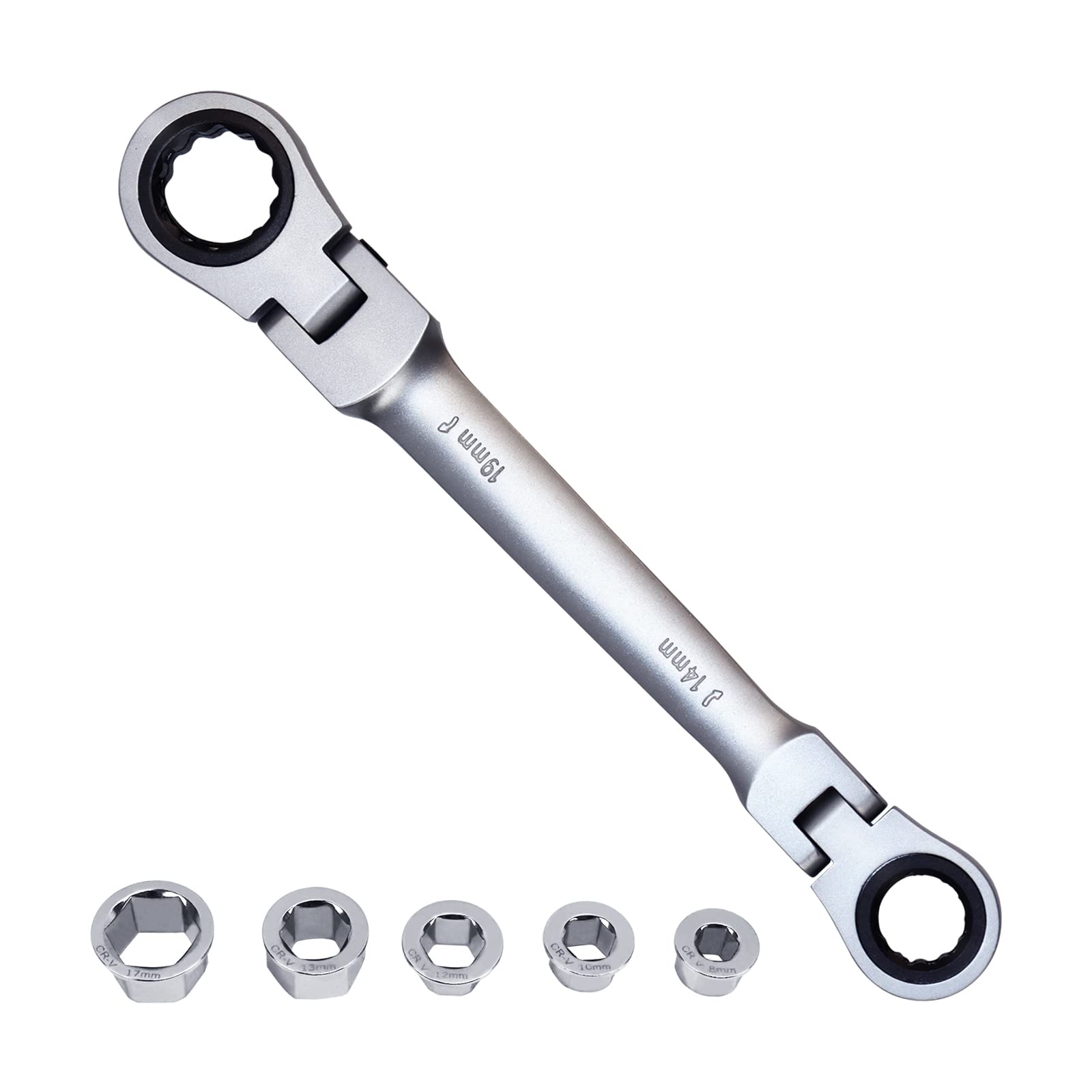 LOSCHEN 180°Flex-Head Ratcheting Combination Wrench Set 7-in-1 Double Box End Ratchet Spanner with 8, 10, 12, 13,14,17,19mm, Metric Wrench, Chrome-Plated CV Steel