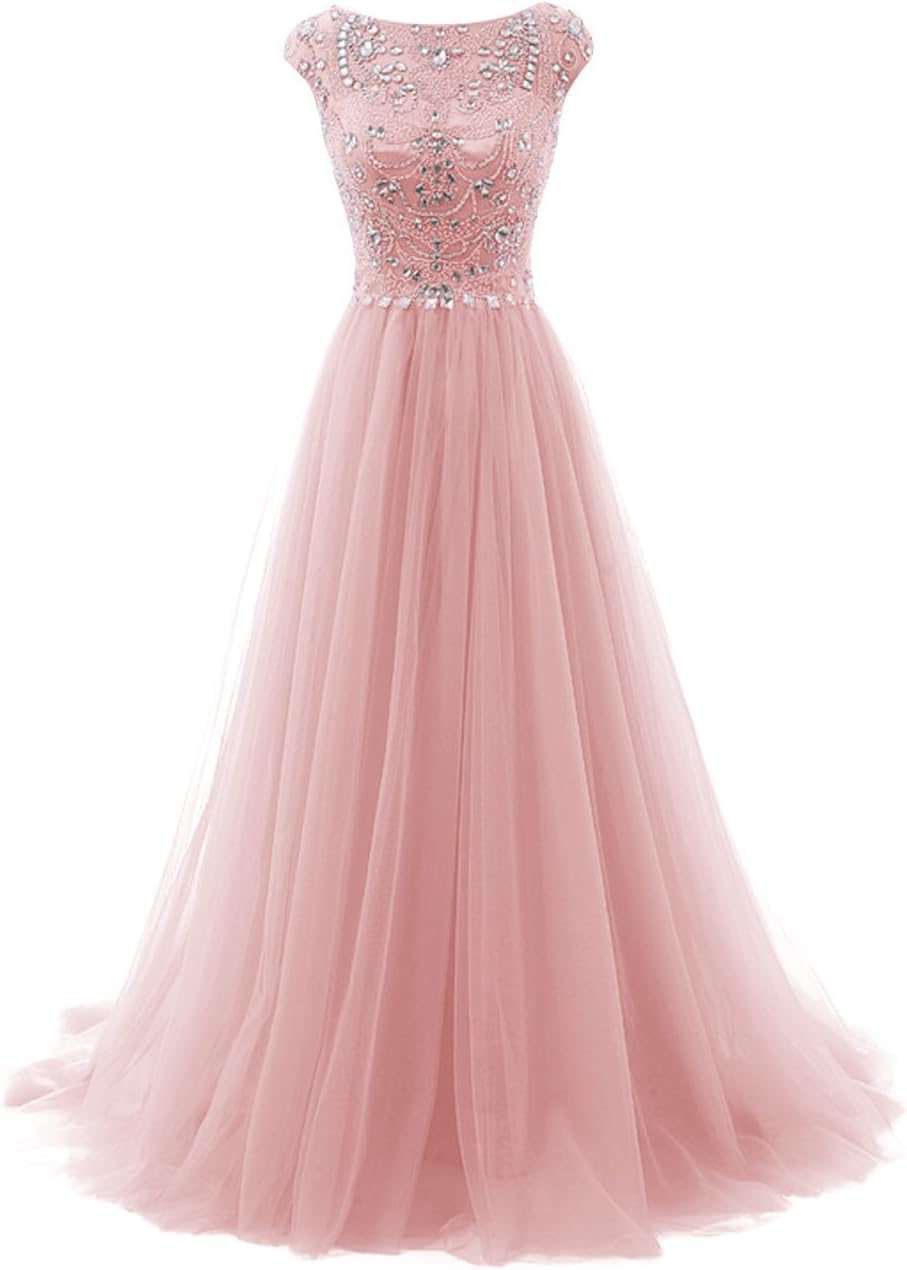FASHION DRESS Women's Beads Long Prom Dress Tulle Cap Sleeves Evening Dress