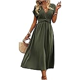 Floerns Women's Wrap V Neck Flowy Midi Dresses Short Sleeve A Line Ruched Beach Dress