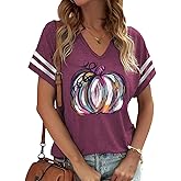 Fall Halloween Thanksgiving V Neck Shirt for Women Funny Pumpkin Graphic Stripe Short Sleeve Tops