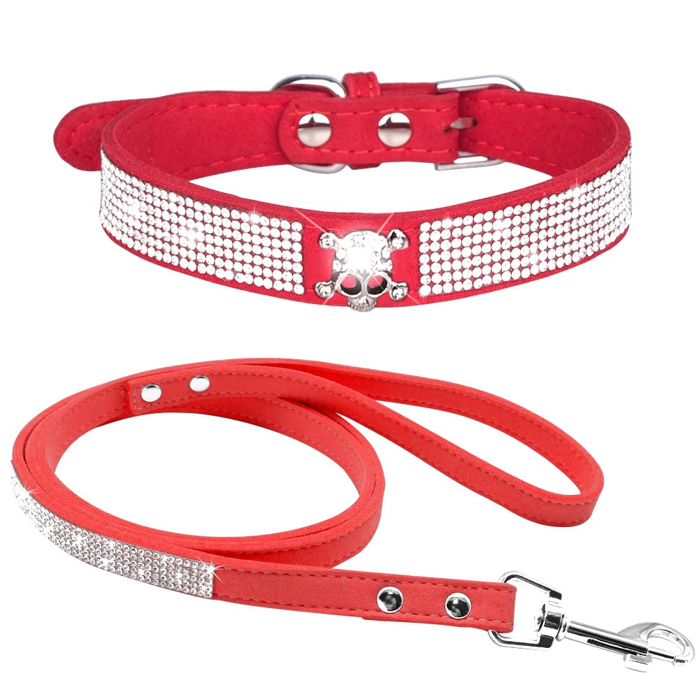 haoyueer Rhinestone Dog Collar, Cute Dazzling Sparkling Soft Suede Leather Dog Cat Rhinestone Collar Leash Crystal Diamond Pet Dog Puppy Collar (XS, Red-5)