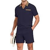 PrinStory Men's Summer Track Suits Waffle Knit Polo Shirt and Shorts Set Casual 2 Pieces Outfits with Pockets