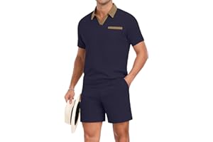 PrinStory Men's Summer Track Suits Waffle Knit Polo Shirt and Shorts Set Casual 2 Pieces Outfits with Pockets