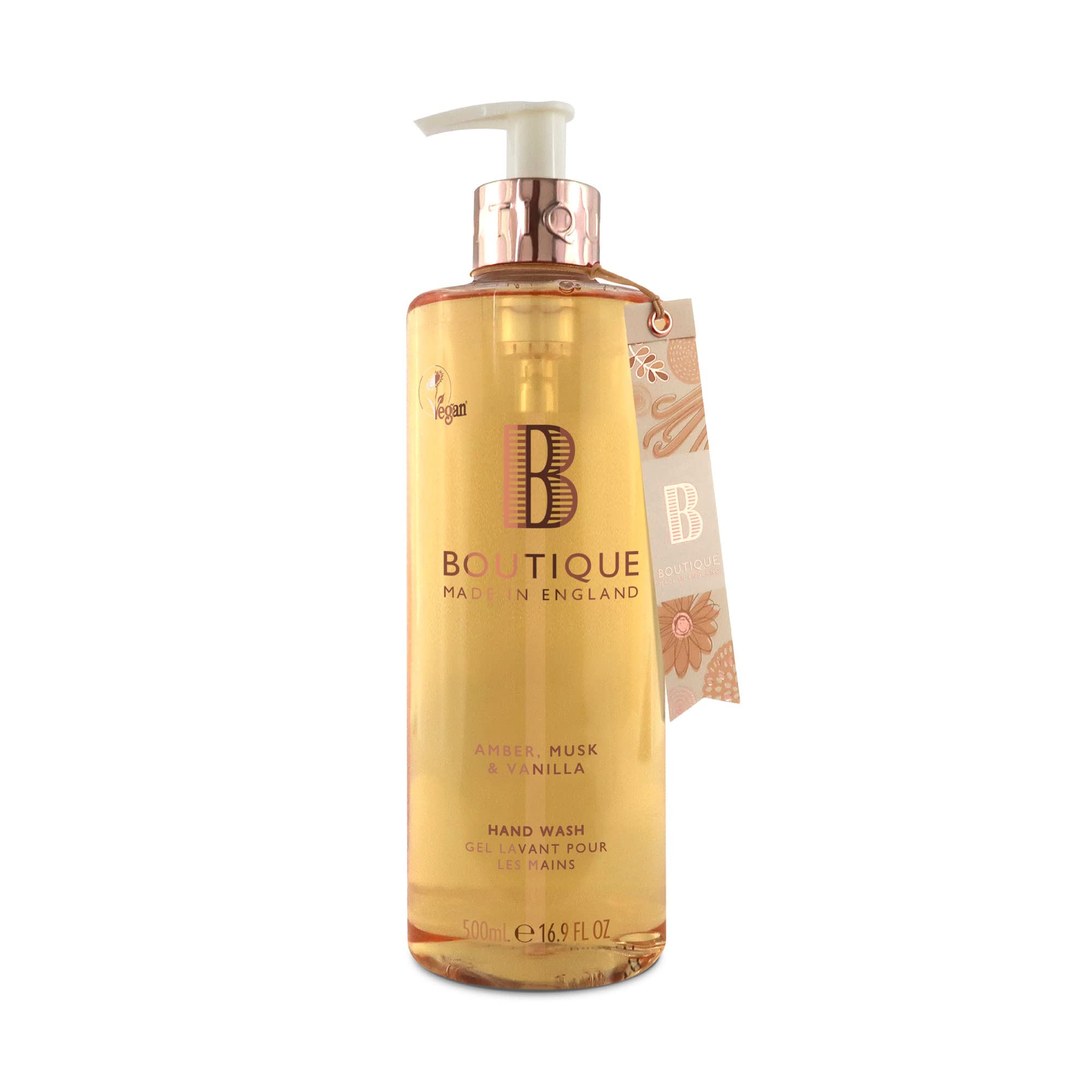 Boutique Amber, Musk & Vanilla Hand Wash 500ml Refreshing Liquid Soap - Essential Oils - Vegan and Cruelty Free, No SLS or Parabens - Made In England
