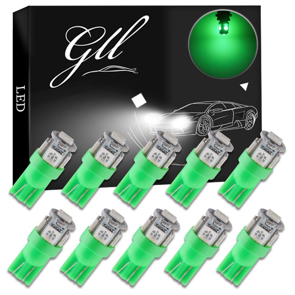GLL 10-Pack T10 501 LED Bulbs W5W 194 168 Green 5-SMD 5050 LED Car Interior,Dashboard,Number Plate,Sidelights Boot Light Bulbs (12 V)