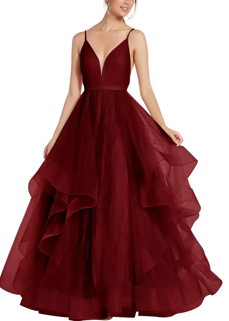 Spaghetti Strap Prom Dresses Tulle Beaded Evening Dress Backless Ball