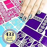 Nail Art Stencils Stickers Vinyl - ’Swirl Collection’ 433 Guides Kit - 23 Shapes: Waves, Curvy & More Adhesives Stripe Patterns Designs in 3 Sheets Supplies Tape Foil Decals Craft Gift