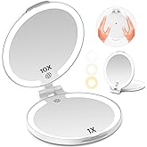 FUNTOUCH 7'' Travel Makeup Mirror with Lights 10X Magnifying, 3 Color Portable Double Side Vanity Compact Mirror with Rechargeable for Travel Essential, Gifts for Lover