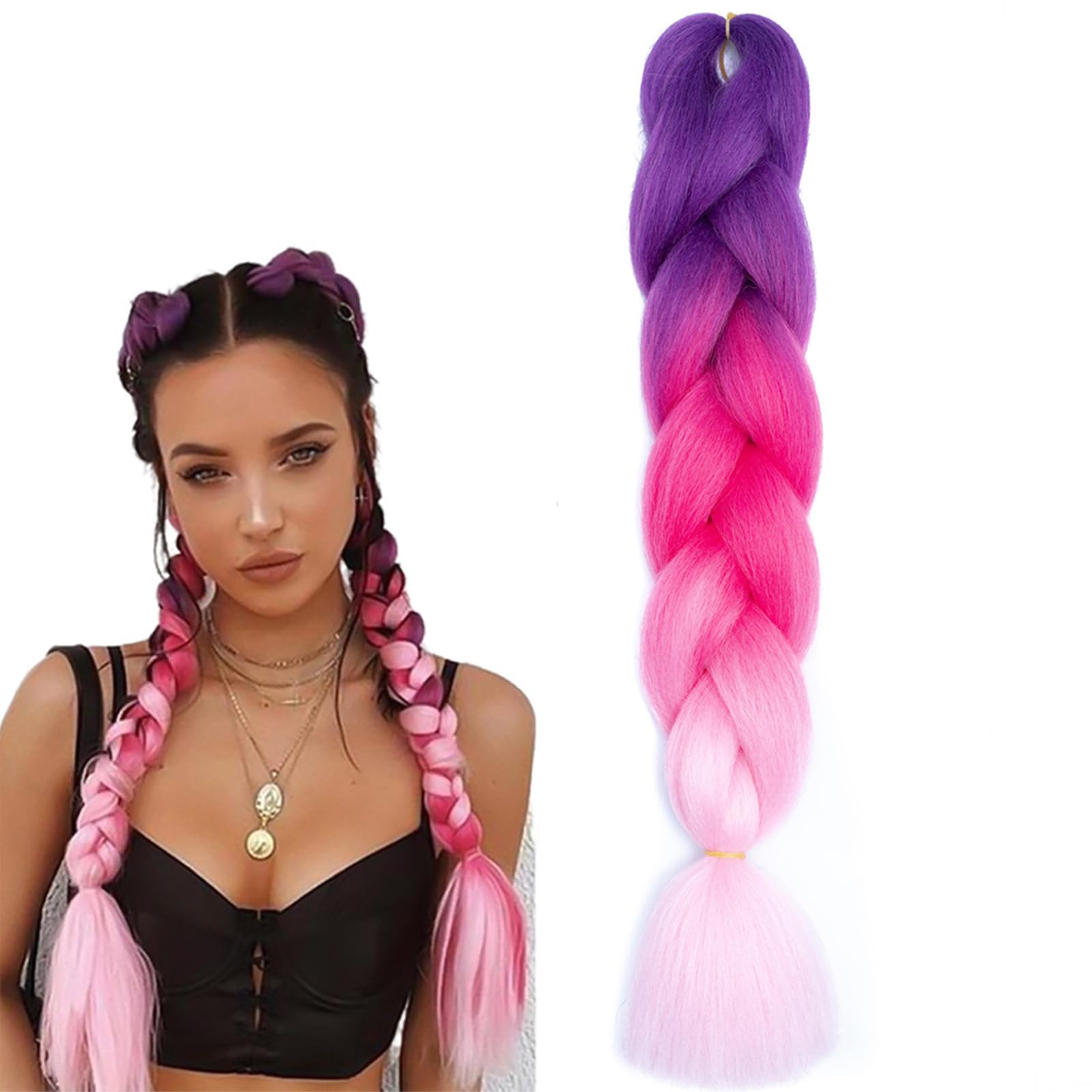 Braiding Hair Extensions Braiding Hair Fashion Synthetic Braid Hair Extensions for Women Braiding Coloured Hair for Braiding DIY Wigs Cosplay (Purple to Pink to Light Pink) — image 1