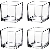 Square Glass Vases 4"x4" Clear Cube Flower Vase for Wedding Centerpiece Candle Holder Home Decor, Set of 4