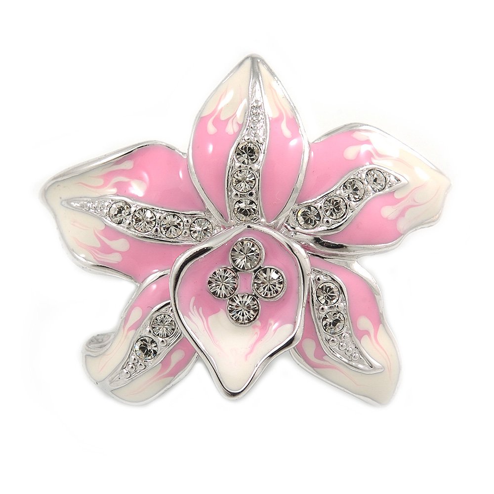 Rhodium Plated White/Pink Enamel Crystal Lotus Flower Brooch - 35mm W