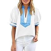 Cicy Bell Womens Color Block Puff Sleeve Blouses Summer Casual Dressy V Neck Tops Loose Fit Tee Shirts