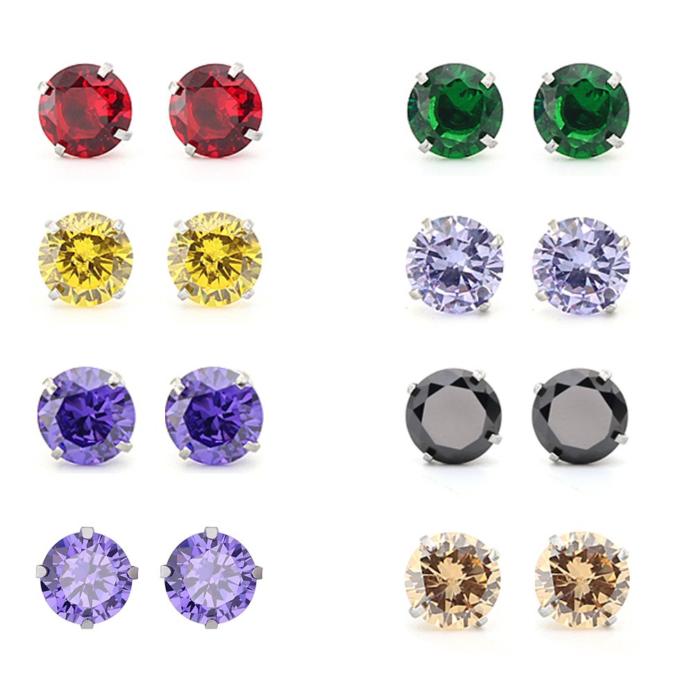 Earrings, Jsmoris 316 Surgical Stainless Steel Womens Cubic Zirconia Stud Earrings Multicolor Set Ear Piercing 8 Pairs