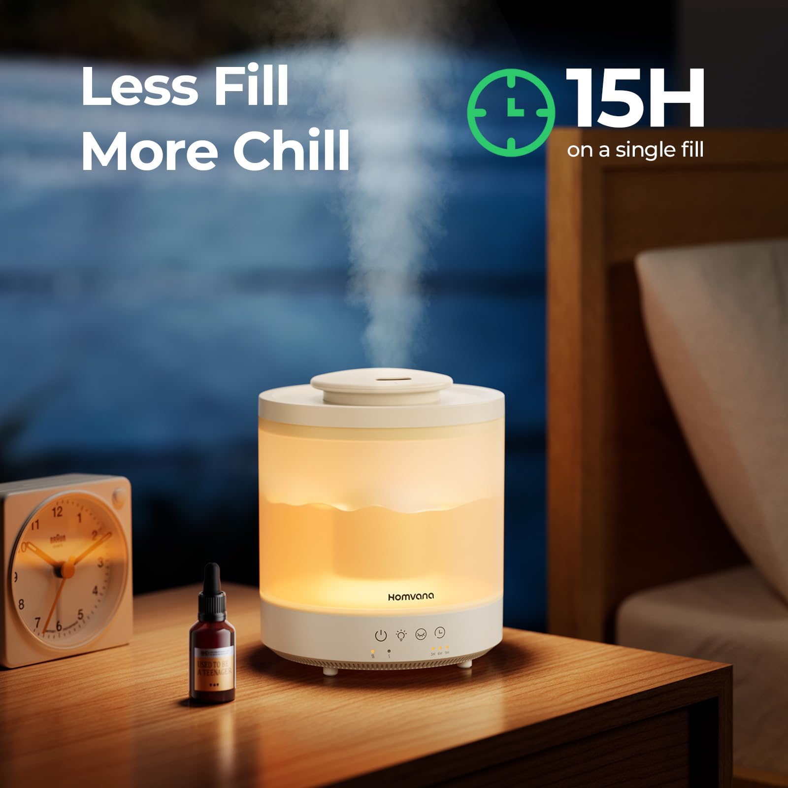 Homvana Small Humidifiers for Bedroom - 2 Packs 1.5L Cool Mist Top Fill Humidifier for Baby Nursery, Essential Oil Diffuser, 3 in 1 for Home Plants Offices and Grow Tents, 7 Color Lights, Ultrasonic