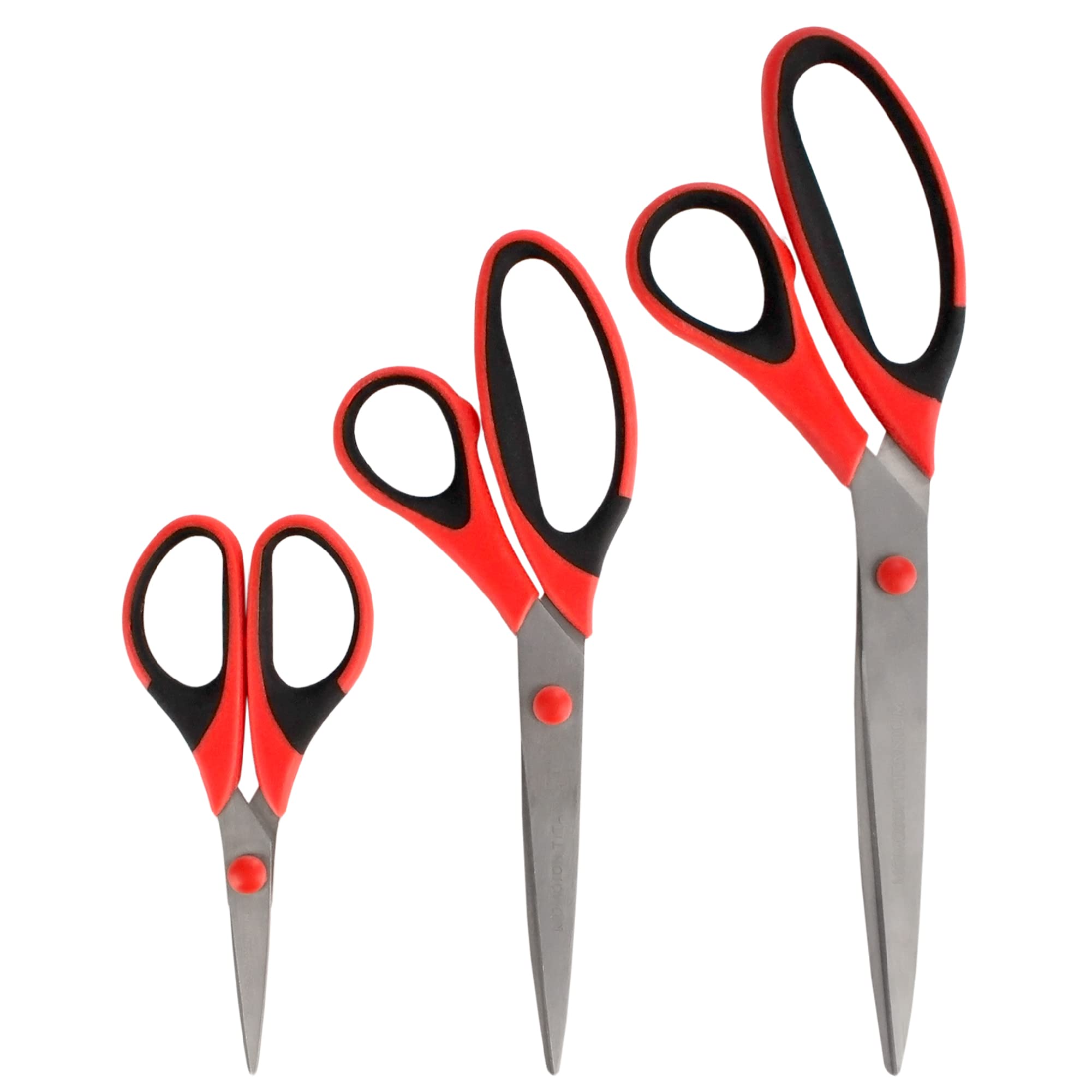 BambooMN Titanium Softgrip Scissors Set for Sewing, Arts, Crafts, Office - 3 Set of 3 - Red w/Black Inlays