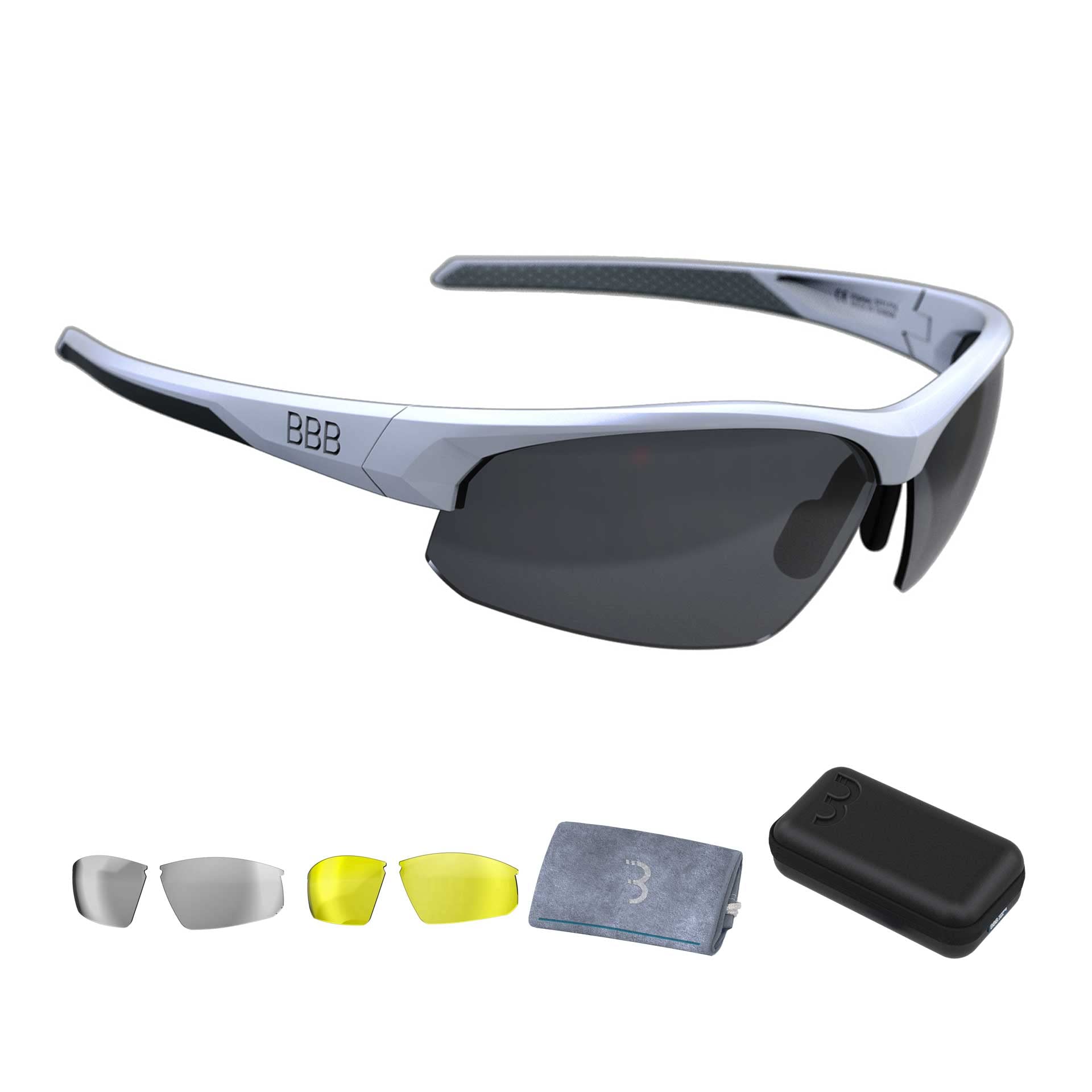 BBB Cycling Biking Glasses Cycling Sunglasses With Travelcase Sport Glasses Polycarbonate Frame 3 Changeable lenses Impress BSG-58T, Matt white