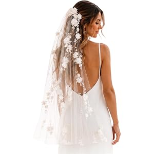 Fingertip Bridal Veil with 3D Flowers and Pearls, Ivory Wedding Veil for Bride, Soft Tulle Floral Veil