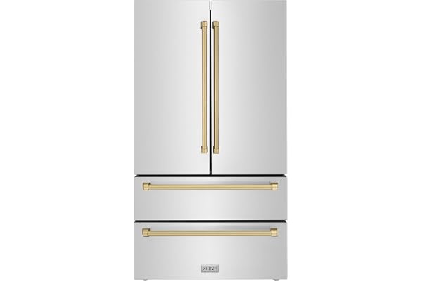 ZLINE Autograph Edition 36 in. 22.5 cu. ft. Counter-Depth French Door Refrigerator with Ice Maker in Fingerprint-Resistant Stainless Steel with Champagne Bronze Traditional Handles (RFMZ-36-CB)