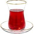Vikko Turkish Tea Glasses & Saucers - 6 Piece Set, 5.5 Oz Clear Glass Tea Cups with Gold Accents